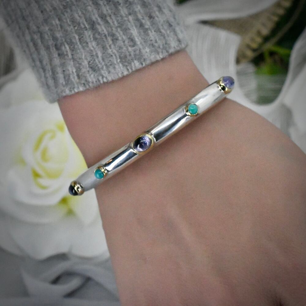 David Yurman 925 Silver 18K 750 Gold Iolite Turquoise Station Bangle 25g 6.5"